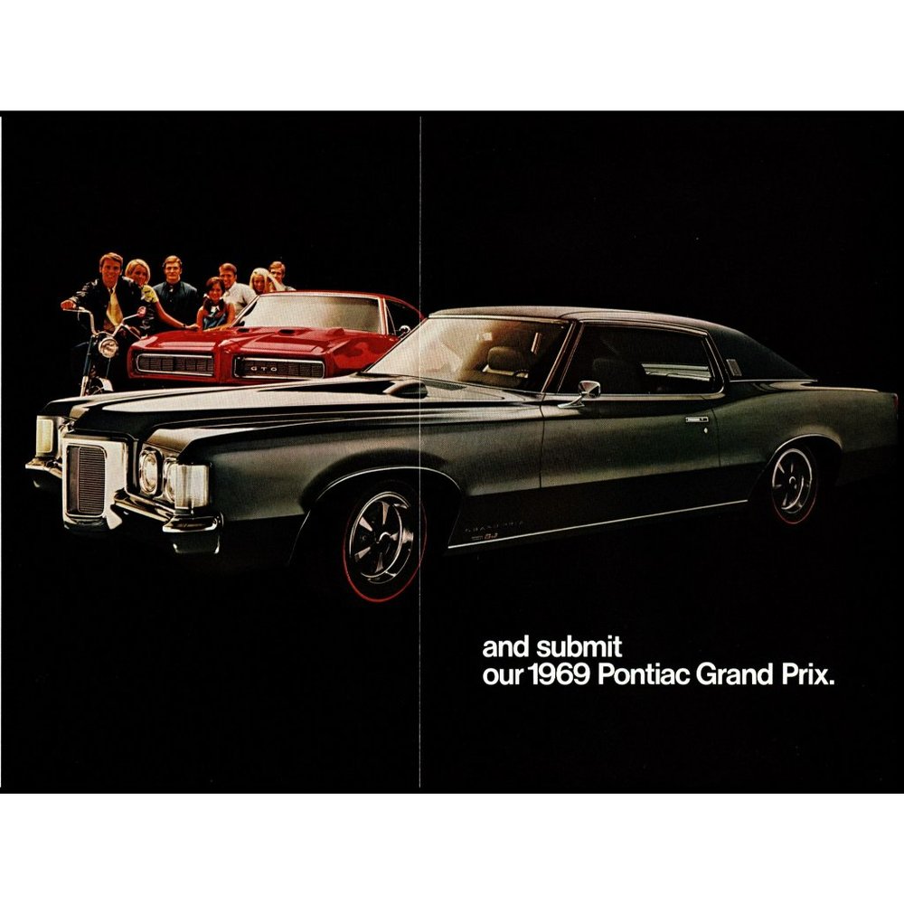 1969 Pontiac Grand Prix and GTO Vintage Print Ad Red Stripe Hood Scoop Wall Art